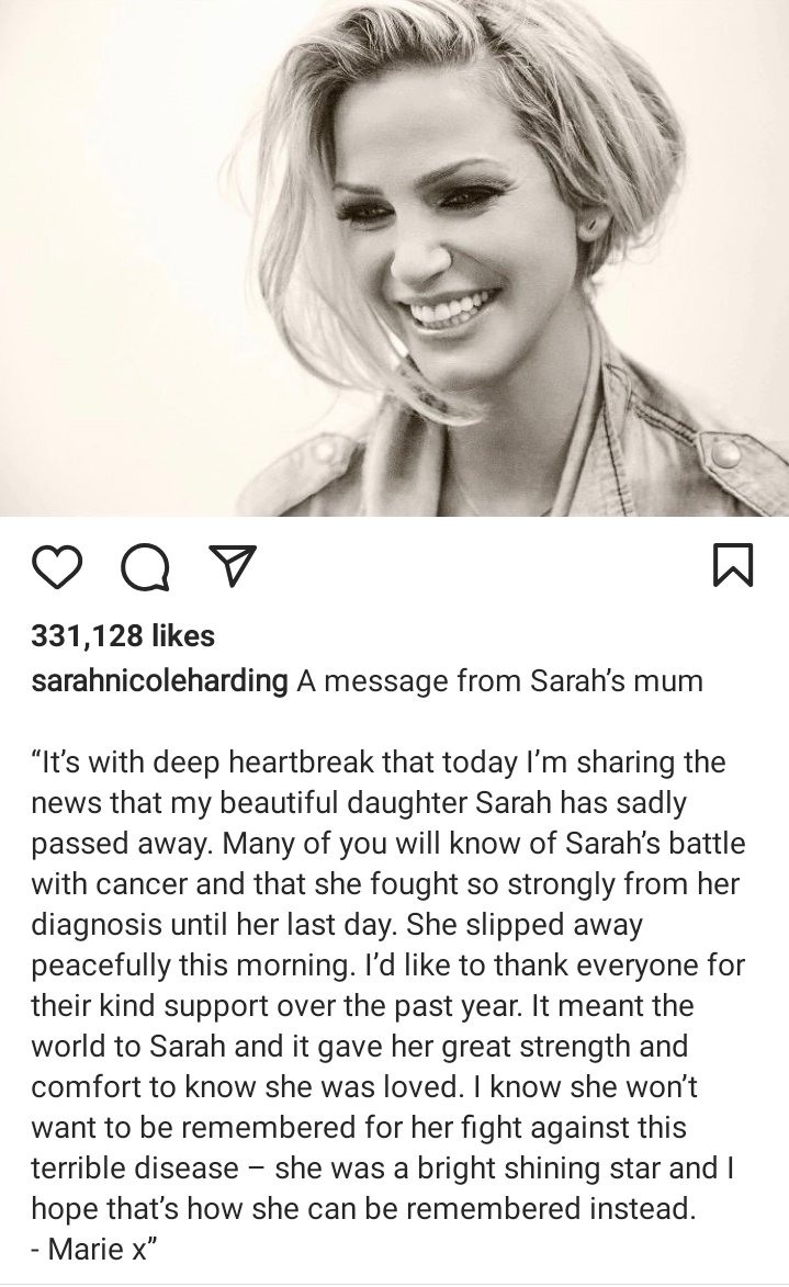 Sarah Harding's mother shared the heart-felt news of her daughter's passing away